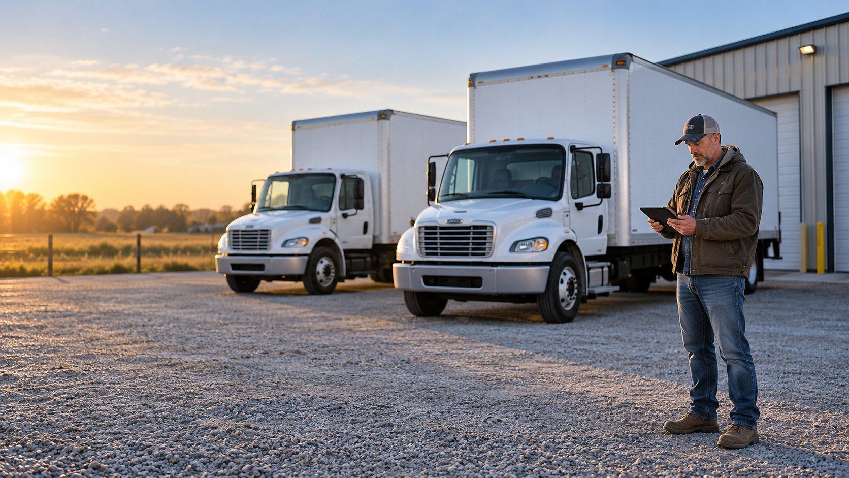 Owner of a small trucking company reviewing plans on a tablet beside two white box trucks at sunrise
