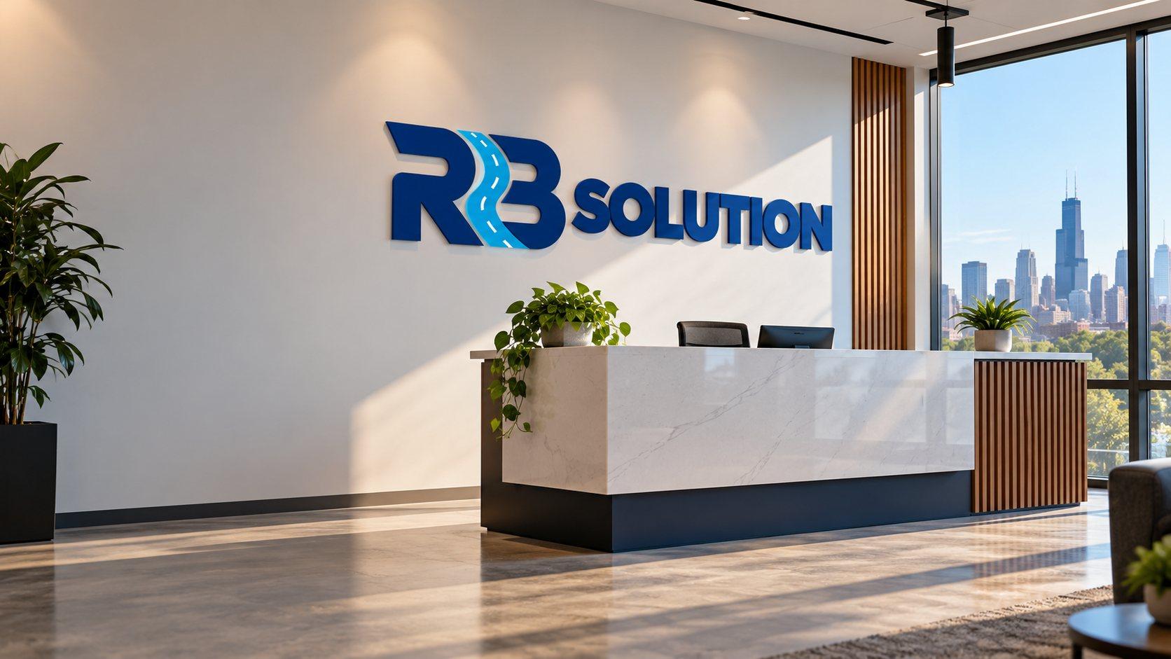 RB Solution reception area with company sign and Chicago skyline view