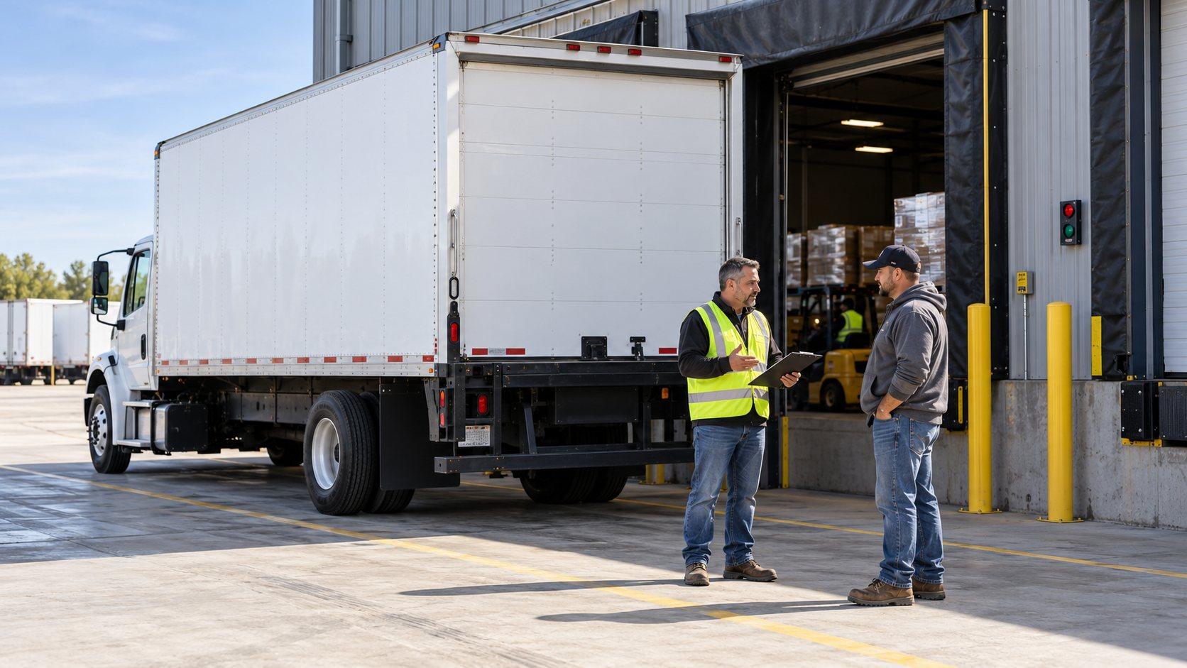 Box truck at a warehouse loading dock with a manager and driver talking
